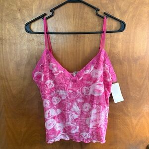 Vintage Pink Floral Lace Trim Sheer Mesh Cami Top Y2K Fairy Grunge NWT Deadstock